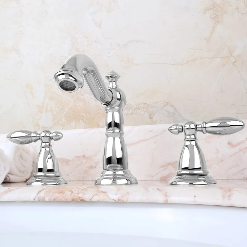 European Luxury chrome brass Double handle three holes Widespread Bathroom Sink Faucet high quality Basin Vanity Mixer Tap