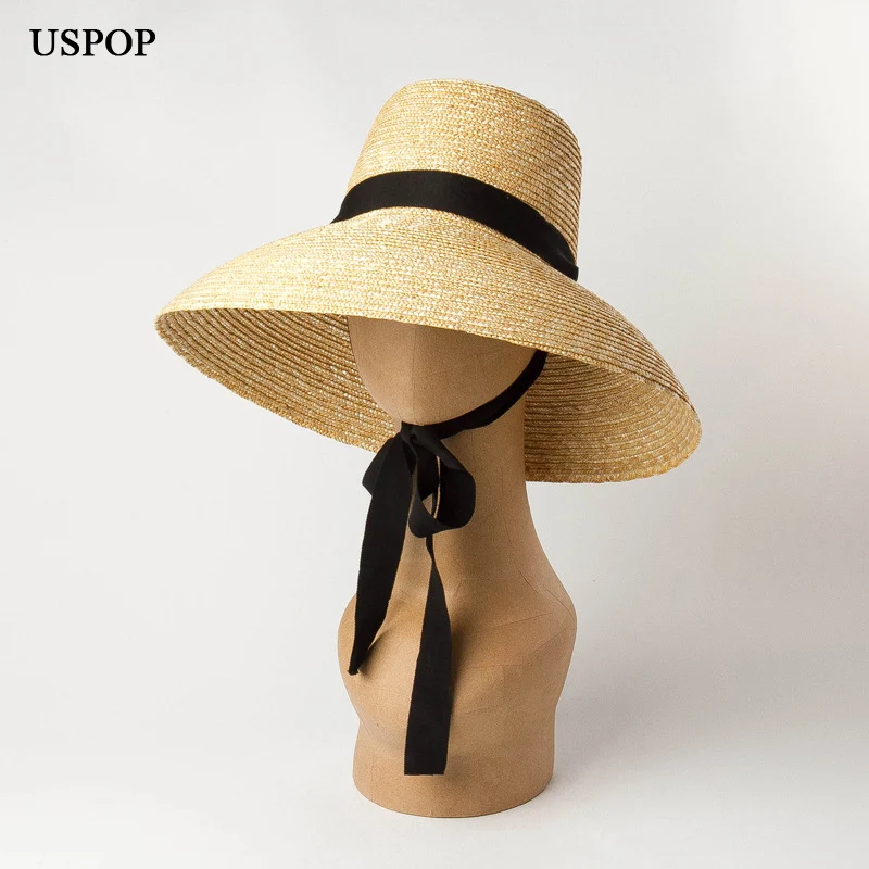 USPOP 2020 New summer hats for women natural wheat straw hats high flat top long ribbon lace-up sun hats wide brim beach hats