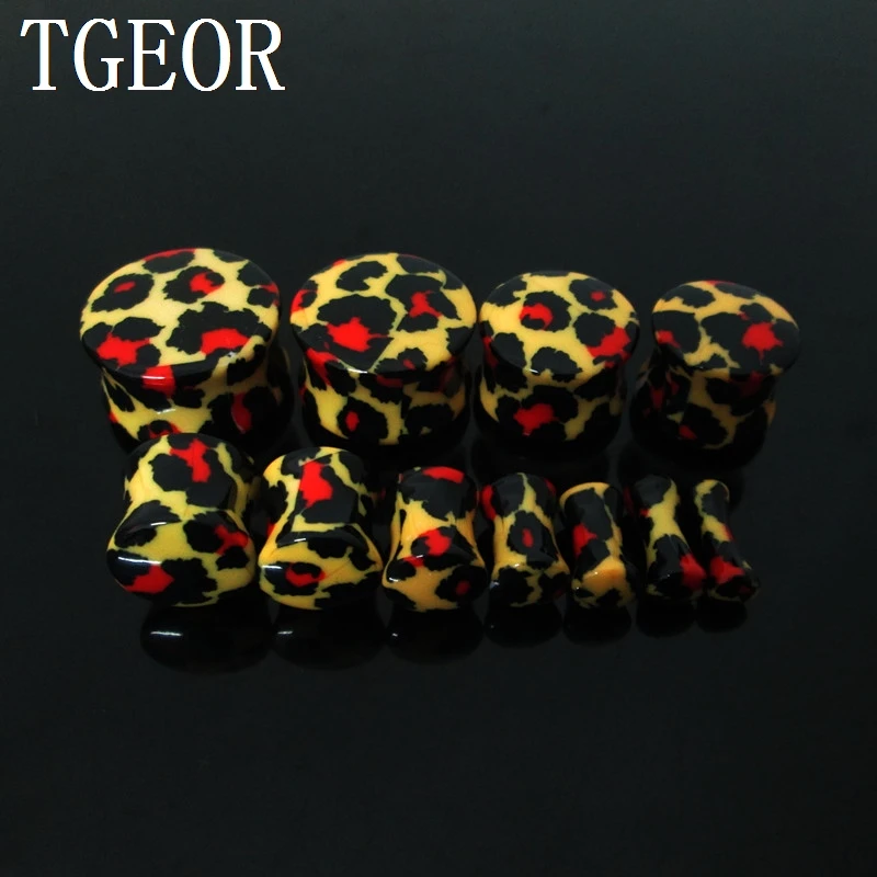 RETAIL ear expander 1pair gauges yellow leopard pattern print acrylic saddle ear plug HOT&NEW FREE