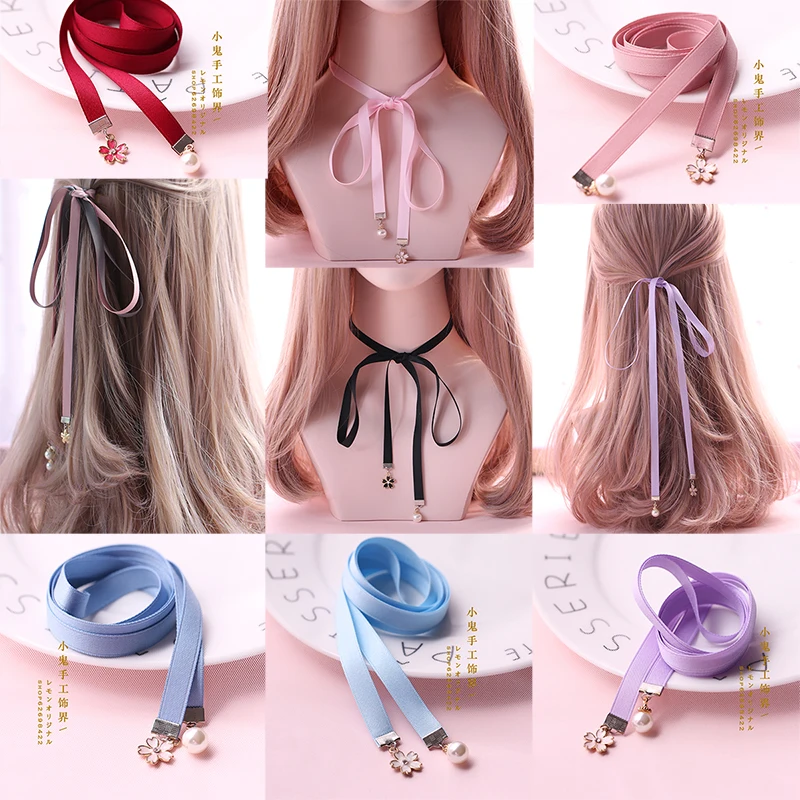 Faixa de cabelo longa japonesa com rabo de cavalo, dupla, fita trançada, com beleza doce, acessórios para o cabelo, tiara de renda multicolor diy