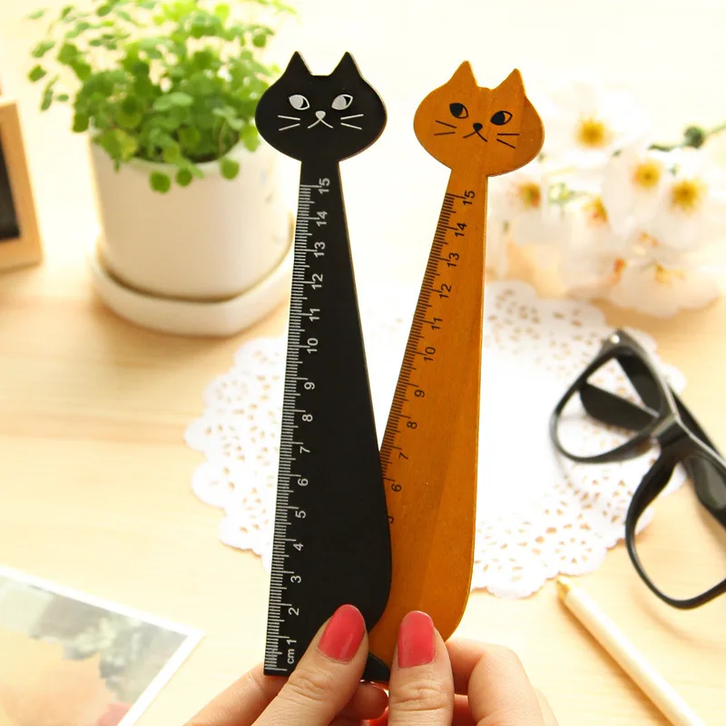 Regla recta de madera para niños, 2 piezas de 15cm, color negro y amarillo, con forma de gato encantador, regalo para estudiantes, material de papelería para oficina y escuela