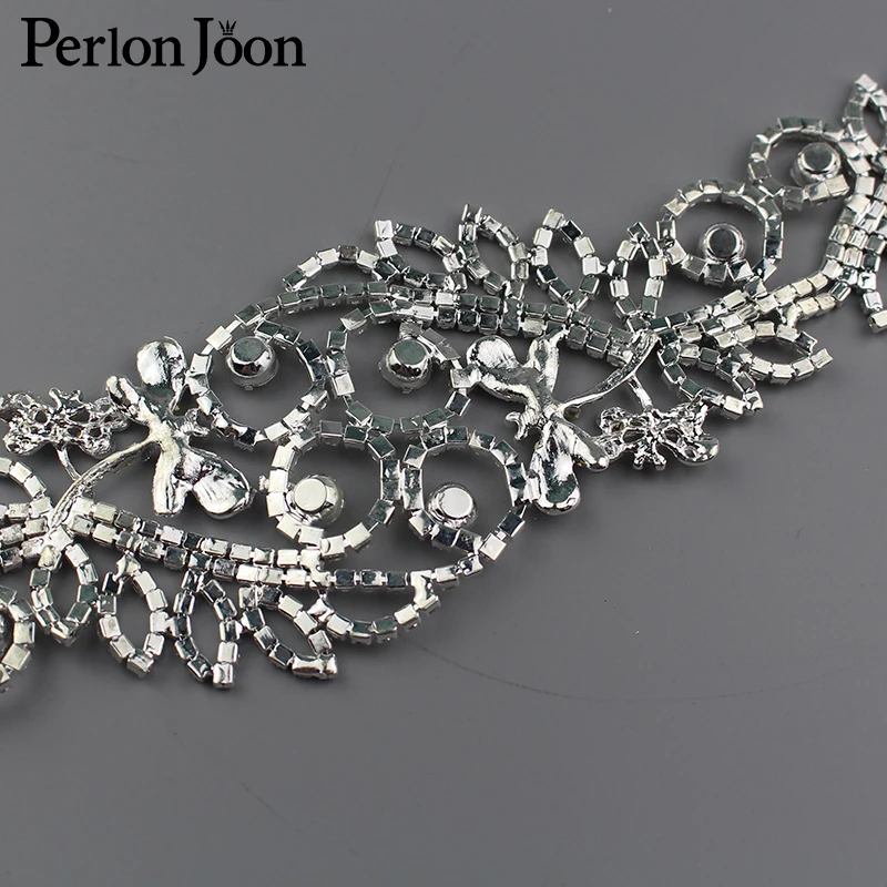 Long Flower Crystal Silver Applique Rhinestone Patch Sew For Bridal Headdress Wedding Dress Accessories Flashing 9*2.2 YHC010