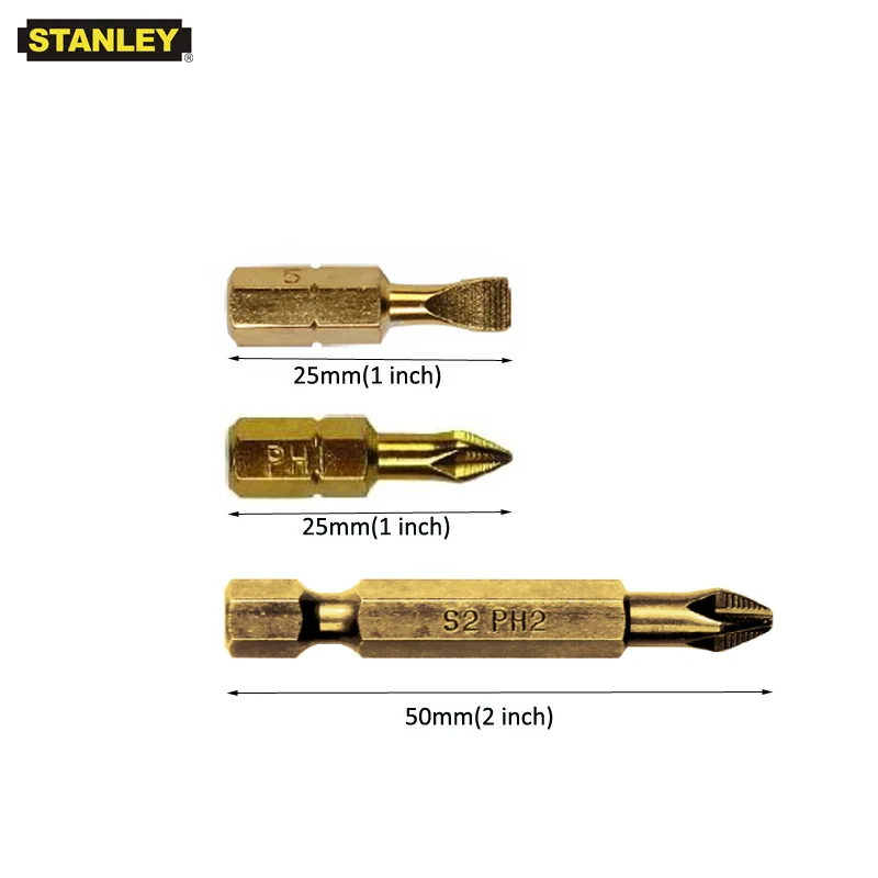 Stanley 10pcs 1/4" 25mm 50mm Titanium coated screwdriver bit kits anti-slip screw driver bits flat 4mm crosshead PH0 PH2 PH3 S2