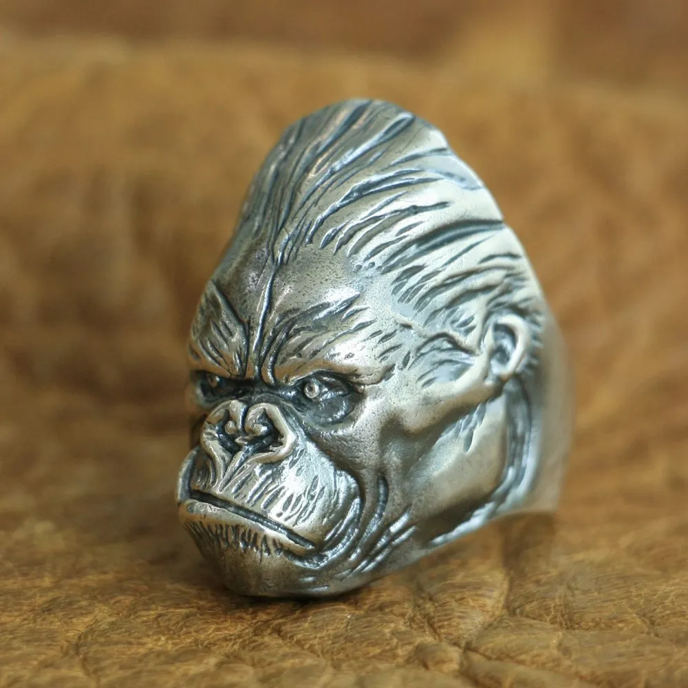 

LINSION 925 Sterling Silver King Kong Ring Mens Biker Punk APE King Ring TA117 US Size 7~15