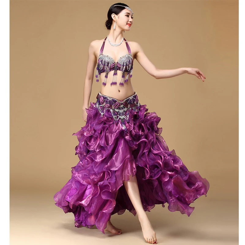 Plus Size Performance Belly Dancing Clothing Oriental Dance 3pcs Outfit Bra Belt Skirt Women Belly Dance Costume Set