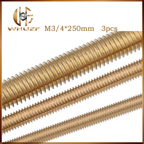 Free shipping 3PCS/LOT M3/4*250 M4 x 250mm Metric Brass Thread Rod Bar Copper Full Thread Stud