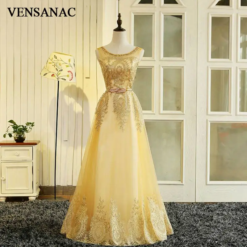 

VENSANAC New A Line Sequined O Neck Long Evening Dresses Sleeveless Elegant Embroidery Tank Lace Party Prom Gowns