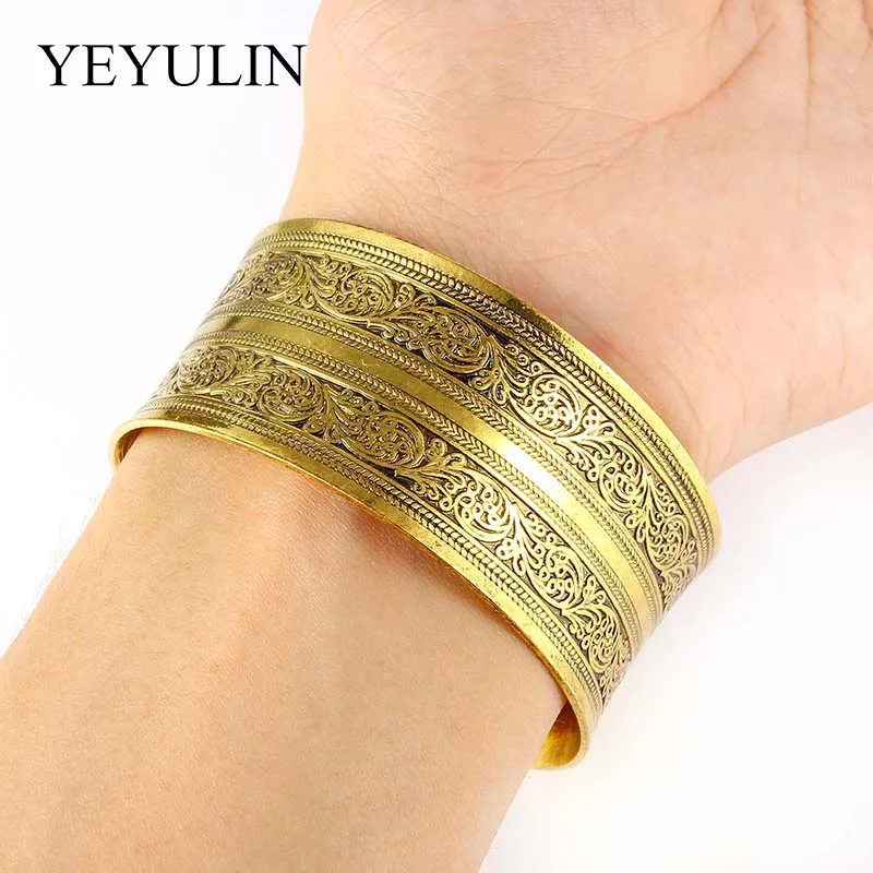 Tibetan Jewelry Retro Gold Color Flower Pattern Bangle For Woman Wide Opening Bracelet & Bangle Gift