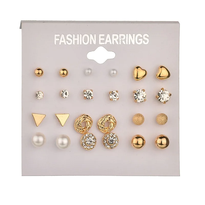 12 Pair/set Fashion Women Square Crystal Heart Stud Earrings For Women Piercing Simulated Pearl Earrings Pendientes Bijoux