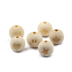 Cuentas redondas de madera Natural para fabricación de joyas, mordedor de bebé con cara sonriente, corazón y estrella, 20mm, lote de 10 unidades