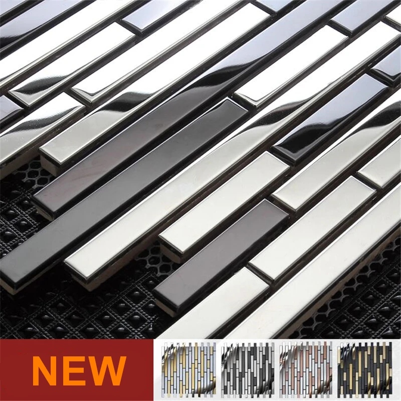 Mordern Glossy Matt Black Silver Stainless Steel Metal Strip Mosaic Tile for Kitchen Fireplace background wall decoration