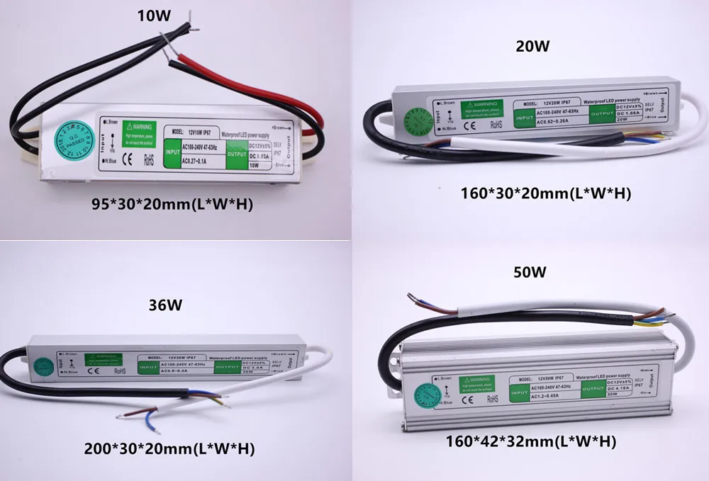 Waterproof IP67 LED Driver Ac dc 12V/24V 10W 15W 20W 25W 30W 36W 45W 50W 60W 80W 100W 120W 150W Power Supply for LED strip Light