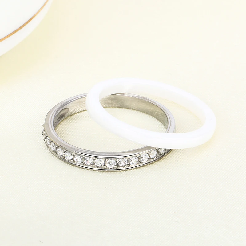 2pcs/Set One Half Row Rhinestone Stainless Steel Women Ring Random Match Other Rings Elegant Style White Ceramic Rings Jewelry