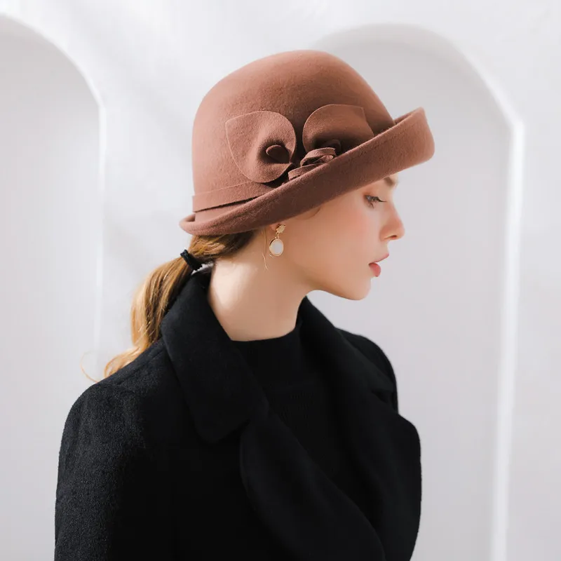 Lady Fedoras Hat Female Woolen Dome Cap Autumn and Winter English Elegant Wool Basin Hats Flower Leisure Joker Hat Adjust B8962