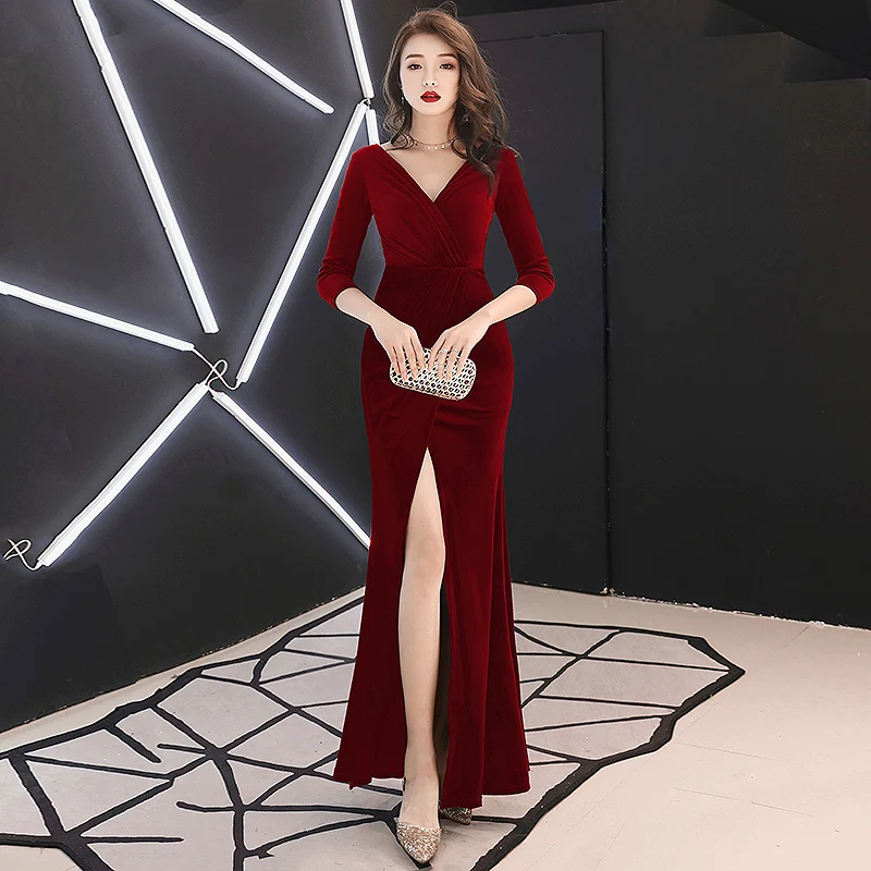 Wei Yin Groene Fluwelen Avondjurken Lange Mouwen Robe De Soiree Longue 2023 Prom Dress Abendkleider Vestidos De Fiesta WY1319