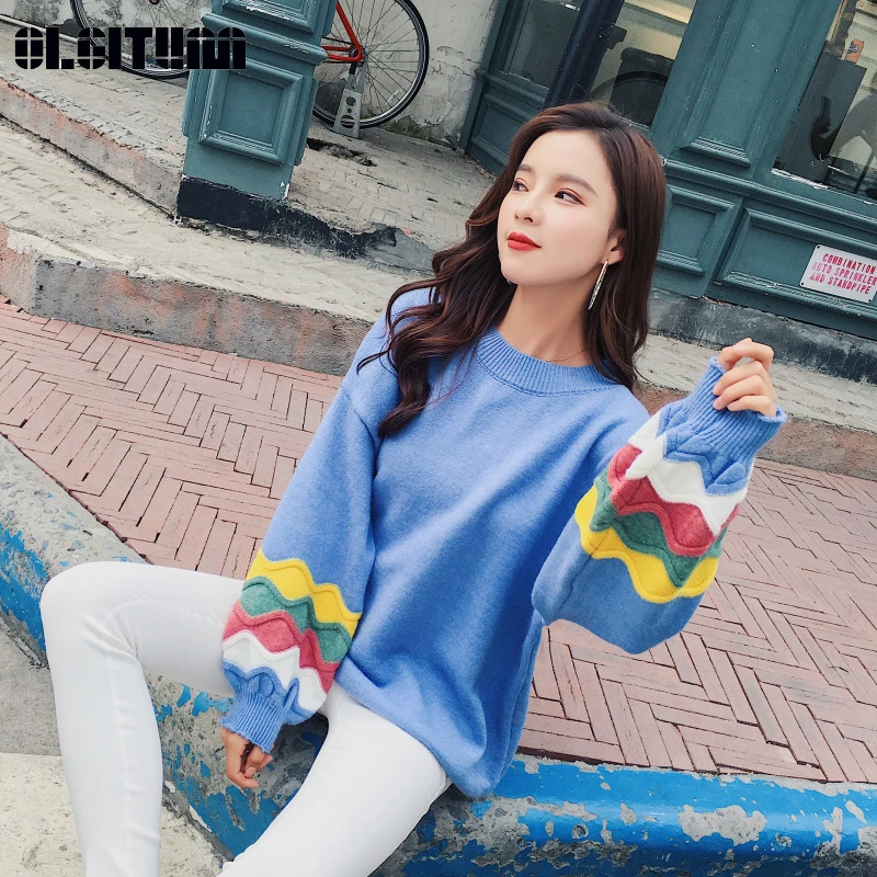 2020 Autumn/Winter New Loose Knitting Women Sweater Colorful Personality Lantern Sleeves O-neck Fashion Casual Female Pullover