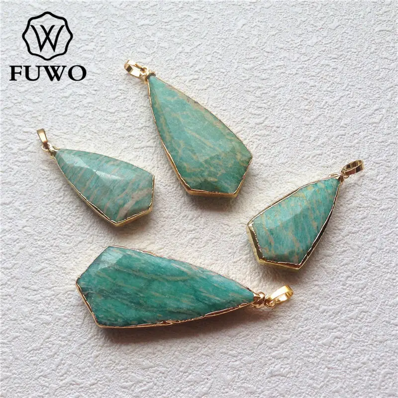 FUWO Wholesale Small Size Amazonite Stone Pendant,Golden Plated Edge Green Stone Facted Pendant For Women Jewelry Make 5Pc PD178