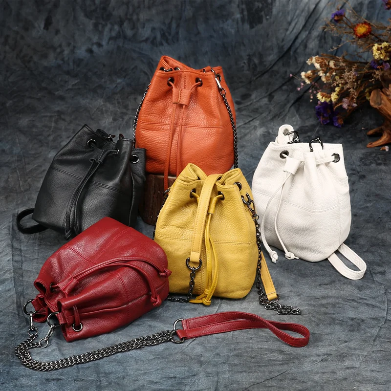 Fashion Handbags Bucket Bag Soft Genuine Leather Women Shoulder Bags Candy Color Chains Lingge Small Purses Ladies Messenger Bag