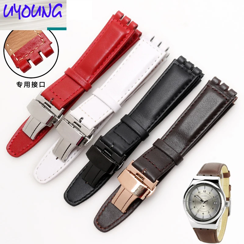 High Quality 17mm 19mm Waterproof Genuine Leather Watch Strap Band For Swatch Croco Pattern Black Brown White Red Watchband