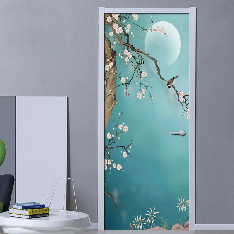 PVC Waterproof Self-adhesive 3D Door Stickers Living Room Bedroom Door Home Decor Hand-painted Plum Bird Mural Door Wallpaper