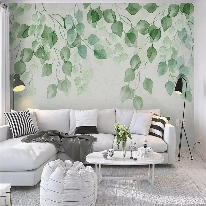 Decorative wallpaper series Fresh green leaves watercolor hand-painted pastoral TV background wall painting