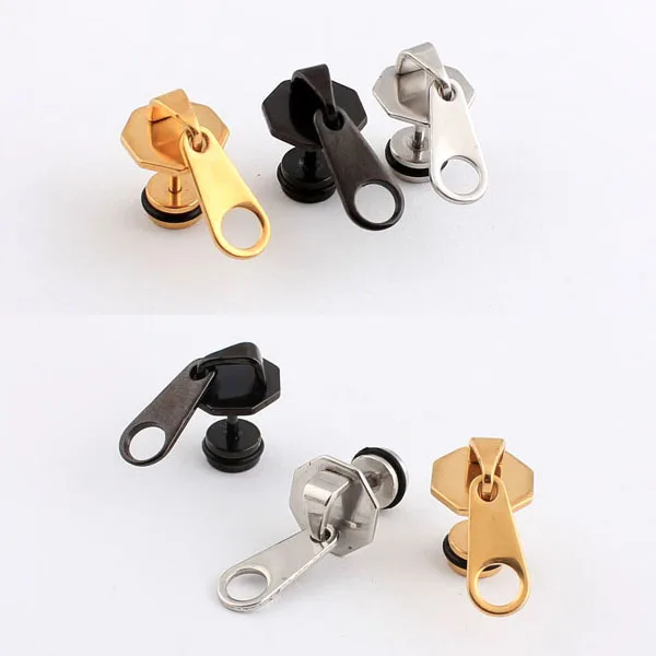 2pcs Zipper Zip Punk Rock Style Ear Plug Barbell Bar Men Screw Stud Earring Jewelry