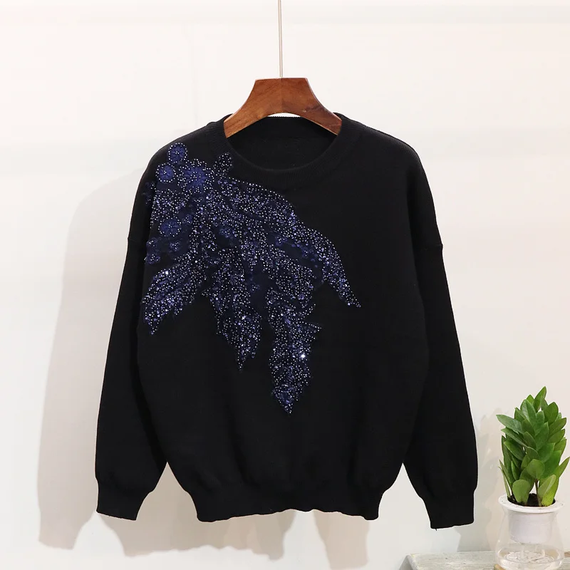 Great quality sequins beading knit suits female heavy industry beading flowers long sleeve sweater + pant two pieces sets wq1738