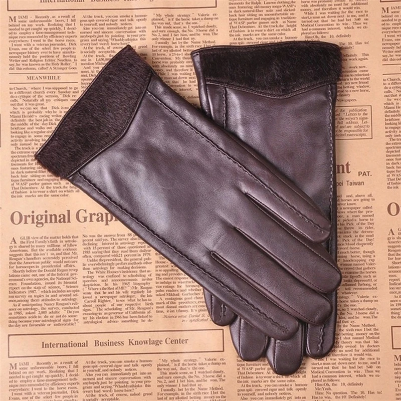 Men Genuine Leather Gloves Fashion Wrist Fur Sheepskin Gloves Autumn Winter Plus Thermal Velvet Driving Gloves M031NC