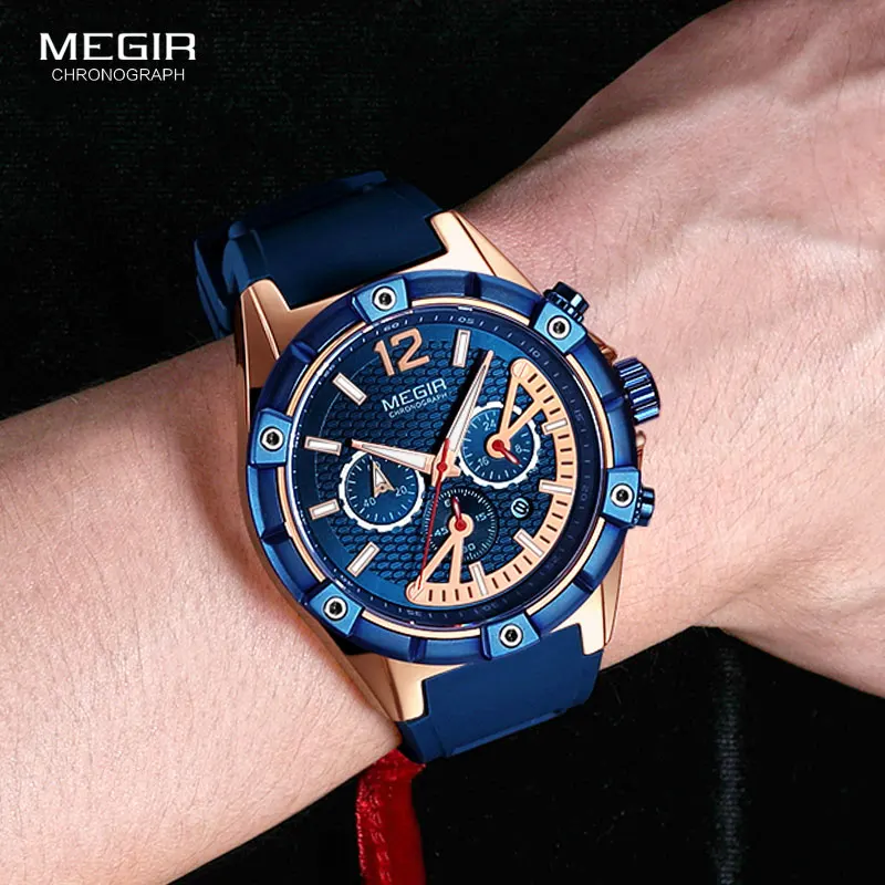 MEGIR Men\'s Sports Chronograph Quartz Wrist Watches Army Silicone Waterproof Stopwatch Relojios Masculinos Man ClockMN2083-2N0