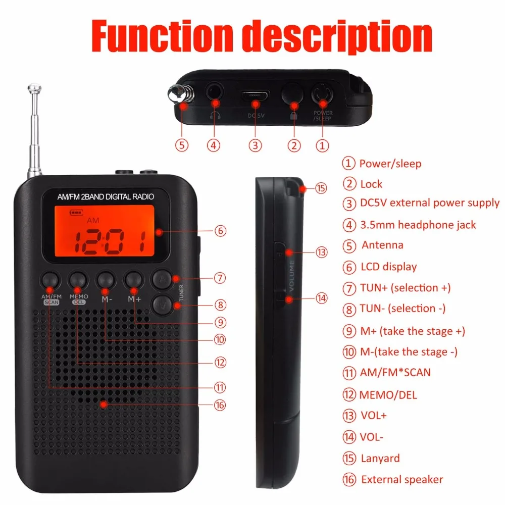 JINSERTA Portable Mini FM/AM Radio Speaker Music Player with Alarm Clock LCD Digital Display Support Battery and USB Powered