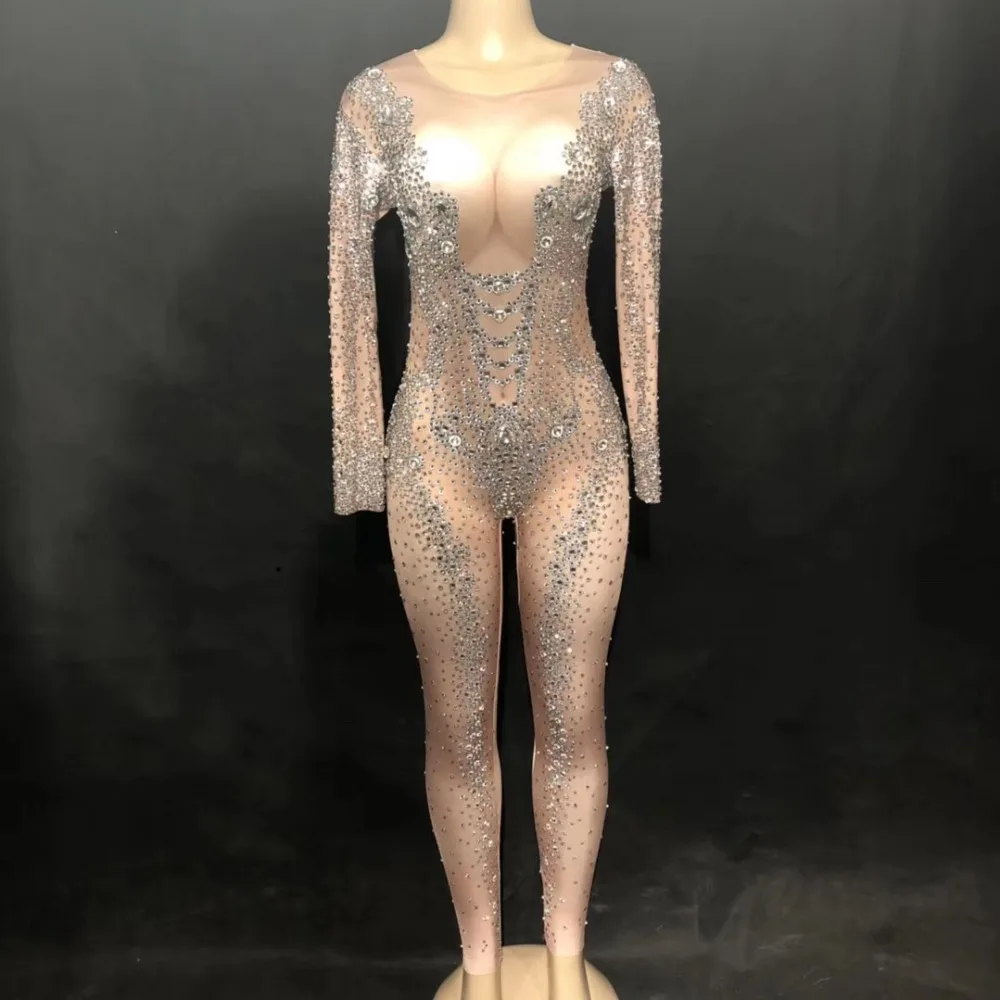 

Women Sexy Shiny Rhinestone Skin Jumpsuit Sparkling Crystal Bodysuit 3D Printing Chest Nightclub Party Stage Wear Performance