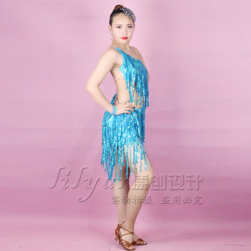 New Latin Dance Costume Competition Dress Show Suite Skirt Sequined Lakelight Blue Skirt