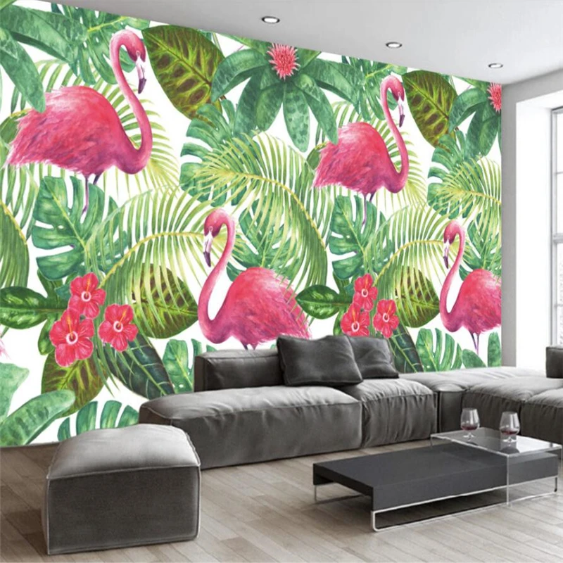 wellyu Nordic hand painted tropical flamingo sofa TV background wall custom large mural green silk cloth wallpaper