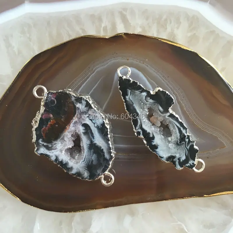 10pcs Nature Black  Quartz Geode  Gem Stone Connectors, Silver Color Crystal Drusy  Geode Pendant Beads Findings