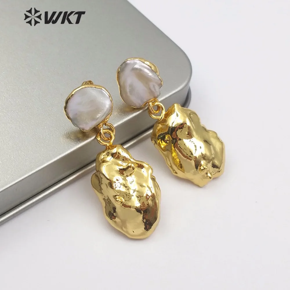 WT-E490 WKT Best selling pearl stud with natural random size Baroque pearls full gold dip dyed ladies earrings gift jewelry