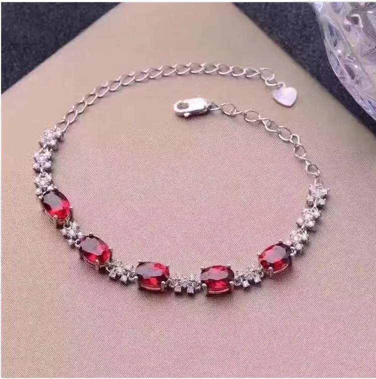 Free shipping Chain bracelet Natural real garnet with 925 sterling silver bracelet 5*7mm  5pcs