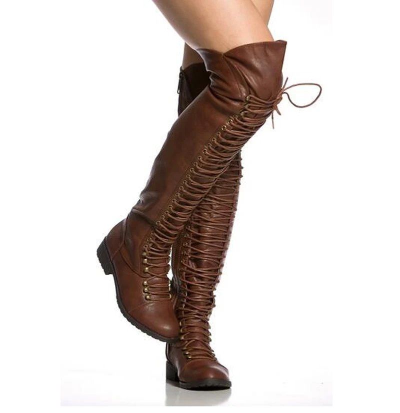 

Winter New Fashion Women Round Toe Black Brown Lace-up Over Knee Flat Boots High Quality Long Knight Boots Warm Boots