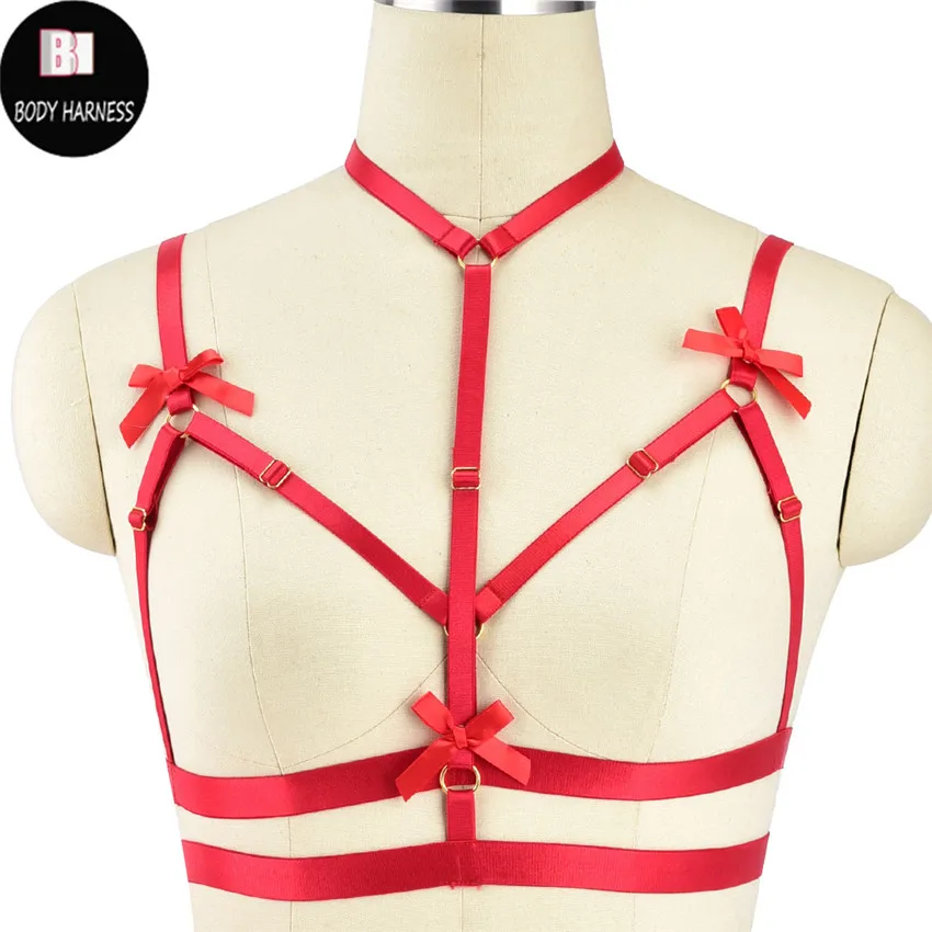 

Women Sexy Red Bow Body Harness Gold Accessories Adjustable Crop Top Body Cage Goth Pole Dance Bondage Harness Stockings Belt