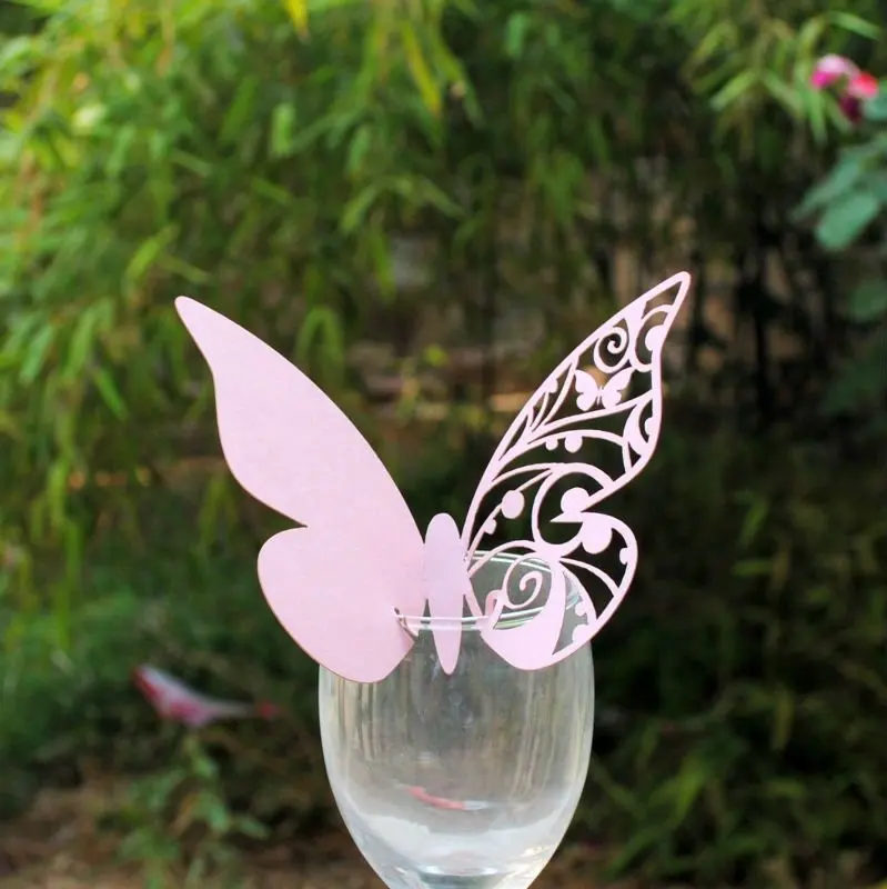 100pcs Hot Sell Wedding Decoration Laser Cut Handmade Wineglass Butterfly Place Card