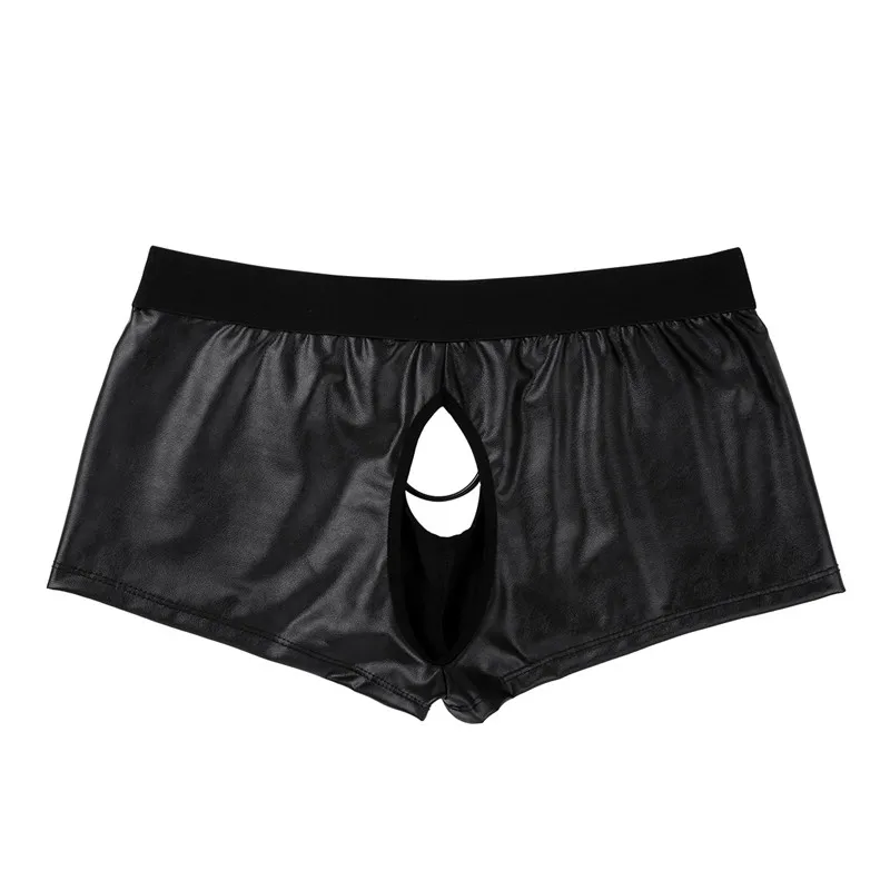 Novelty Mens Lingerie Panties Gay Sex Soft Shiny Leather Open Crotch Shorts Underwear Open Butt boxer Shorts with Front Hole