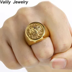 Valily Men Ring Punk Gold Lion Ring 316L Stainless steel Biker Round Animal Jewelry Party Power Design