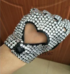 Women's fashion semi-finger faux PU  leather sexy fingerless heart cut out rhinestone gloves lady's hip-hop dance  gloves