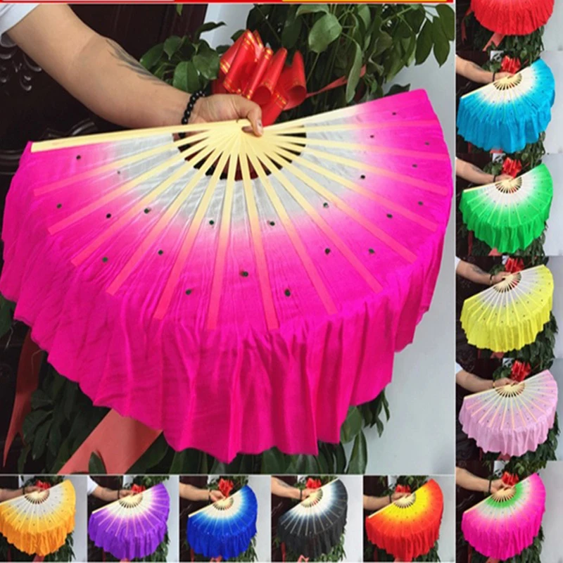 1pair (L+R) Chinese Real Silk Bamboo Ribs Fan Veils nice Belly Dancing silk short Fans Stage Performance Fans Props 12 colors