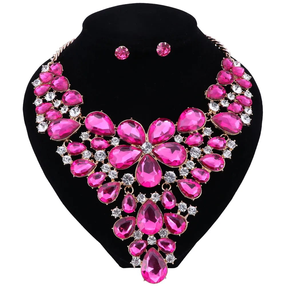 New Hot Ultra-luxury Bohemia Exaggerated Crystal Necklaces & Pendants Crystal Flower Statement Necklace earings For Women alloy