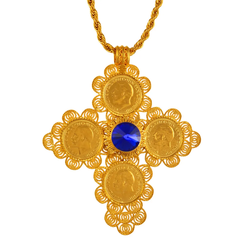 Anniyo Ethiopian Big Cross Pendants Necklaces Women Men Gold Color Jewelry Africa Coin Cross/Eritrea Habesha Necklace #044202