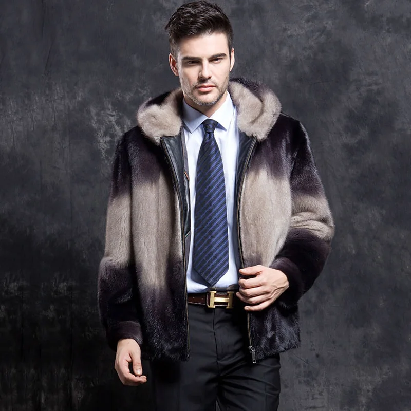 Ftangaiur Winter Men Jacket Import Velvet Mink Fur Coat Contrast Color With Fur Hood Mink Coat Short Causal Real Mink Fur Coats