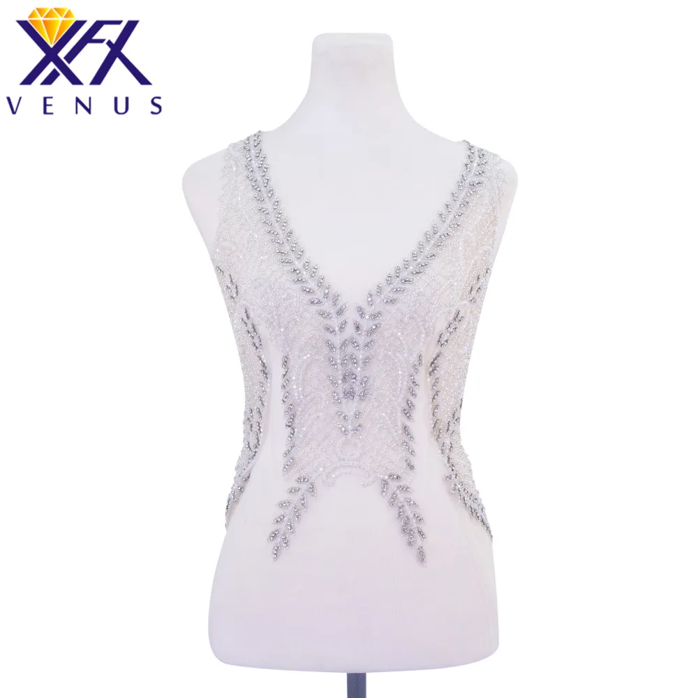 XFX Rhinestones Crystal Beads Design Patches Embroidered Bridal Applique Dress Trim for Wedding Dress  Costume Sew on