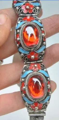 Beautiful Chinese Tibetan Silver Inlaid with Artificial Orange Zircon Cloisonne Flower Bracelet