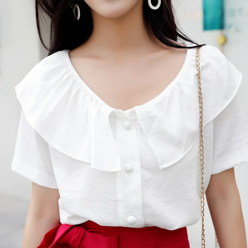 Chic สีขาวเสื้อชีฟองผู้หญิงสั้นแขน Ruffled เสื้อฤดูร้อนสาวใหม่หวานหลวมสบายๆเสื้อ Top H9176