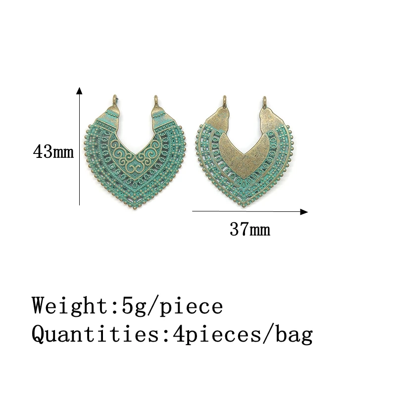 2021 New Fashion 43mm 4pieces/bag Zinc Alloy Green Heart Porous Connector Linker for DIY Necklace Earring Jewelry Accessories